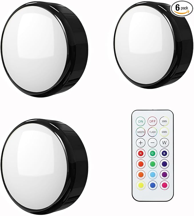 SEMSMOKS Battery Operated LED Puck Lights with Wireless Remote, 13 Color RGB - for Closet, Bedroom Wall, Under Cabinet, Battery Powered Push Lights. Convenient 3M Stick On (Black, 3pcs)