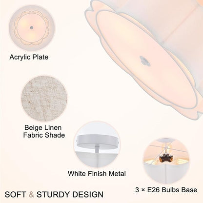 Semi Flush Mount Ceiling Light, White Linen Fabric Shade Ceiling Light, Modern Farmhouse Close to Ceiling Light for Bedroom, Hallway, Living Room, Dining Room, Laundry Room