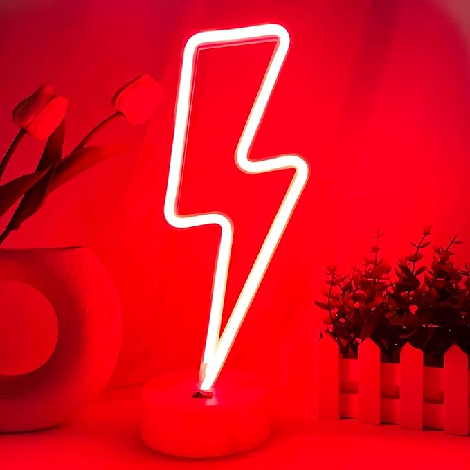 Lightning Bolt Neon Signs Red Lightning Neon Sign Light for Bedroom, USB/Battery Operated Thunder Lamp Neon Sign, Stand Lightning Shape LED Sign Decor for Shelf Desk Table Game Room Man Cave