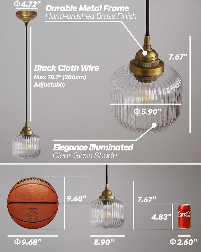 Vintage Ceiling Pendant Light with Clear Ribbed Glass Lampshade, Industrial Globe Hanging Light Fixture for Kitchen Island Hallway Dining Room Stairway