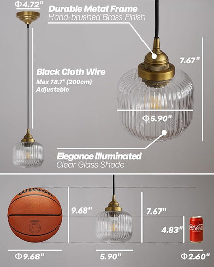Vintage Ceiling Pendant Light with Clear Ribbed Glass Lampshade, Industrial Globe Hanging Light Fixture for Kitchen Island Hallway Dining Room Stairway