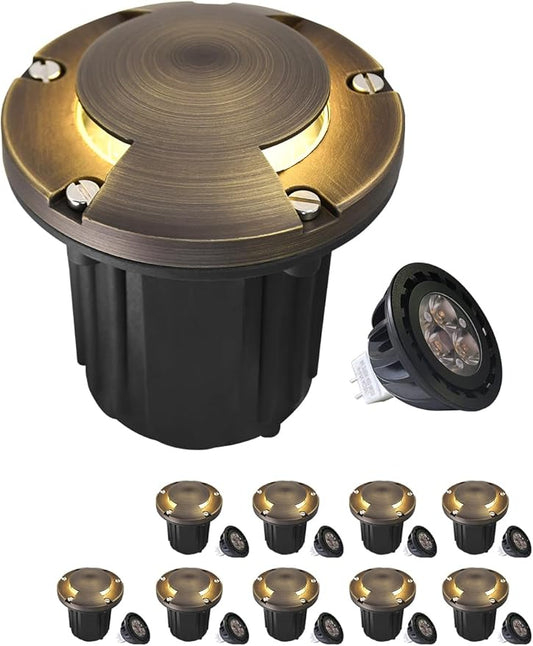 MALORY Brass Top Cover Landscape Well Lights,(6''H) 12V Low Voltage Outdoor In Ground Lights,Landscape Lighting for Pathway, Driveway and Garden (Two-Direction Turret, 10-Pack with Bulb)