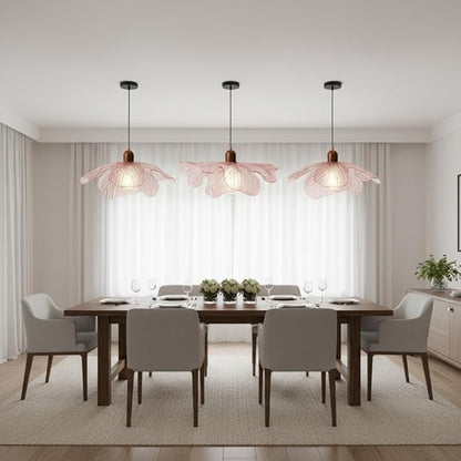 15.75" Pink Petal Glass Pendant Light Modern Hanging Ceiling Light Adjustable 59" Cord, E26 Base, Metal & Wood Finish for Dining Room, Living Room Kitchen