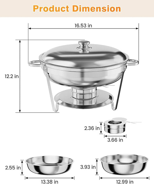 Chafing Dish for Buffet, 5 QT Round Chafing Dishes Buffet Set w/Lid Holder, Stainless Steel Chafers and Food Warmers With Spoon and Tweezers for Parties, Weddings (Silver, 6 Pack)