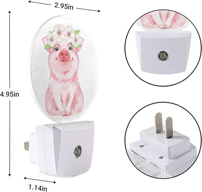 EKOBLA Pig Plug-in Night Light, Cute Pink Piggy & Floral Wreath LED Nightlight with Sensor, 0.5W Sleep Friendly for Gifts
