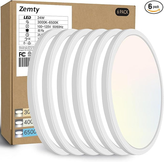 zemty 6Pack 12-Inch LED Flush Mount Ceiling Lights, 24W 3200Lumens 5 CCT Adjustable (3000K-6500K), Round Bright Light Fixture for Bedroom Kitchen Bathroom Hallway Closet(White)