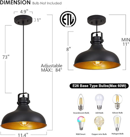 Black Farmhouse Pendant Lights Matte Pendant Lighting for Kitchen Island Industrial Adjustable Height Vintage Dome Hanging Light Fixtures for Barn, Dining Room 1 Pack
