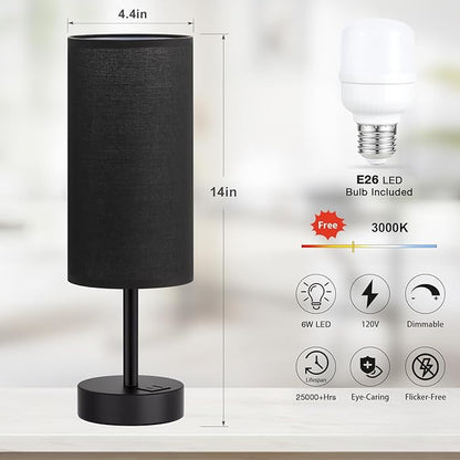 Dicoool Black Touch Bedroom Lamp with USB - 3 Way Dimmable Table Lamp for Bedroom, Nightstand Lamp with Black Charging Station for Desk Dorm, Office, Boy Kids Room, Small