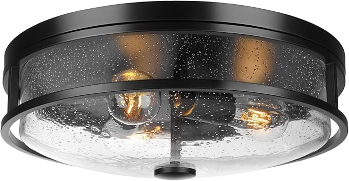 16 Inch Large Flush Mount Ceiling Light Fixture with Seeded Glass, Black Round Ceiling Lamp Shade, Modern Farmhouse Indoor Outdoor Ceiling Lighting for Kitchen Dining Living Room Foyer