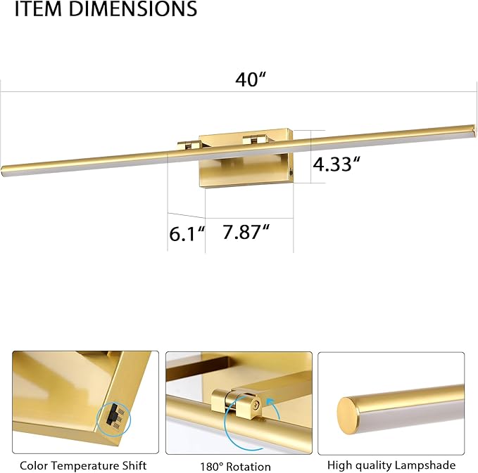 LED Bathroom Vanity Light, Modern Bathroom Light Fixture Over Mirror (3000K/4000K/6000K, Dimmable), Vanity Light Bar with Angle Adjustable, 40 Inch, Brass