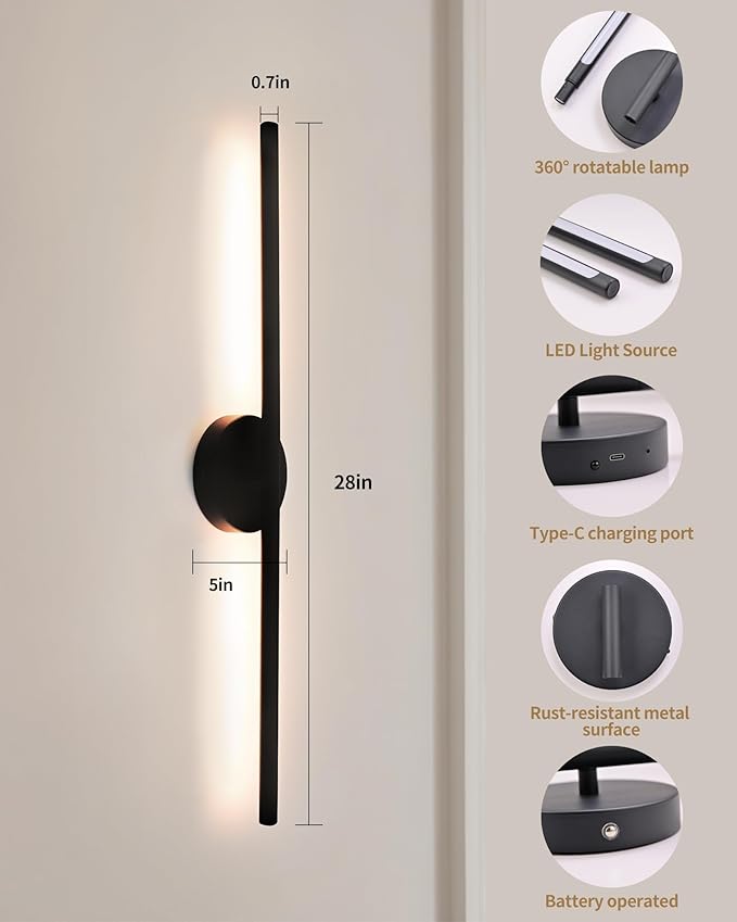 Wireless Wall Sconces Set of 2 ，28Inch Battery Operated wall Lights with Remote Control，360°Rotate Dimmable ledWall Lamps for Living Room, Bedroom and Hallway (Black)
