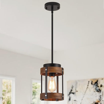 Rustic Farmhouse Wood Pendant Light Fixture One-Light Adjustable Rods Oak Wood and Metal Lantern Drum Small Pendant Lighting for Kitchen Island Sink Hallway Bathroom Bar Farmhouse, Black