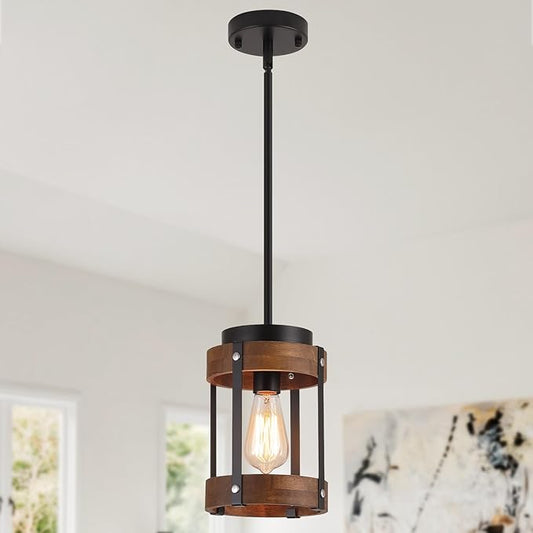 Rustic Farmhouse Wood Pendant Light Fixture One-Light Adjustable Rods Oak Wood and Metal Lantern Drum Small Pendant Lighting for Kitchen Island Sink Hallway Bathroom Bar Farmhouse, Black