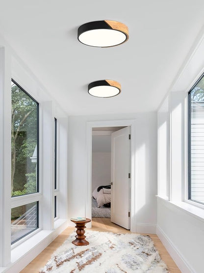Modern Dimmable Black Flush Mount Ceiling Light Wood Close to Ceiling Lights for Bedroom Round Ceiling Lamp Lighting Fixture for Hallway Kitchen Laundry Room(11.8in)