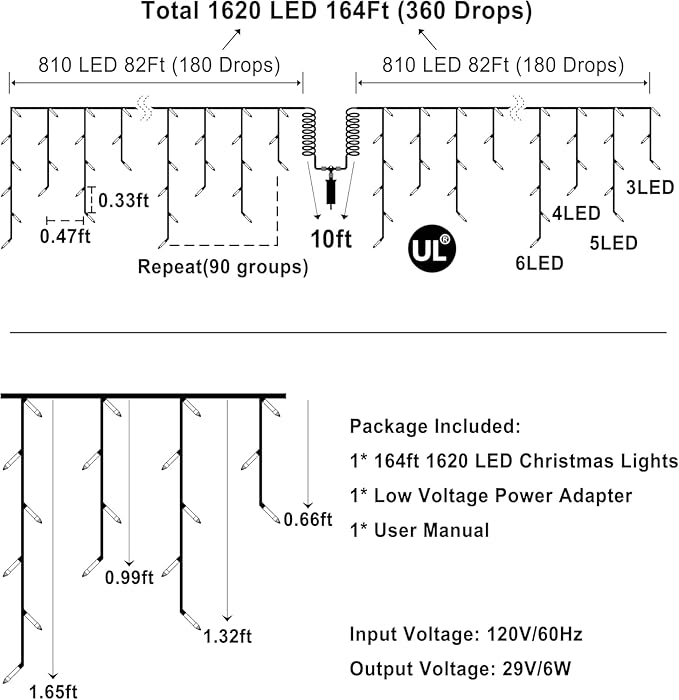 164FT 1620 LED Outdoor Christmas Lights - 360 Ice Drops, 12 Pro Modes with Timer Memory & Brightness, Waterproof Hanging Ice String Light for Holiday Wedding Garden Fence House Decor (Cool White)