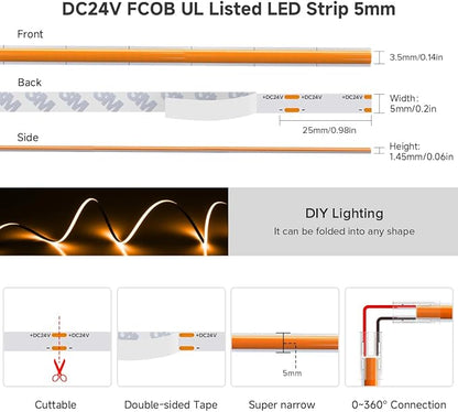 BTF-LIGHTING FCOB COB LED Strip Orange Color 5mm Width UL Listed Super Narrow Flexible Uniform Light DC24V 16.4FT CRI 90+ Dimmable LED Ribbon for Bedroom Home Indoor Decor(No Adapter or Controller)