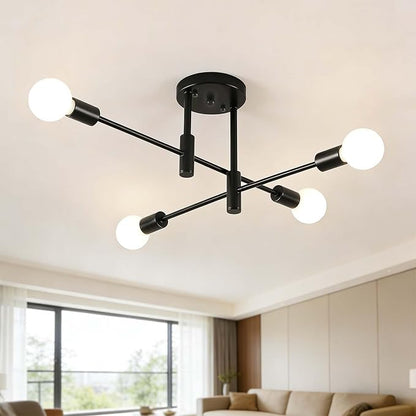 Modern Sputnik Chandelier 4-Light Adjustable Ceiling Light Fixture Black Semi Flush Mount Ceiling Lamp with E26 Base Industrial Ceiling Light for Dining Room Bedroom Foyer Hallway Living Room