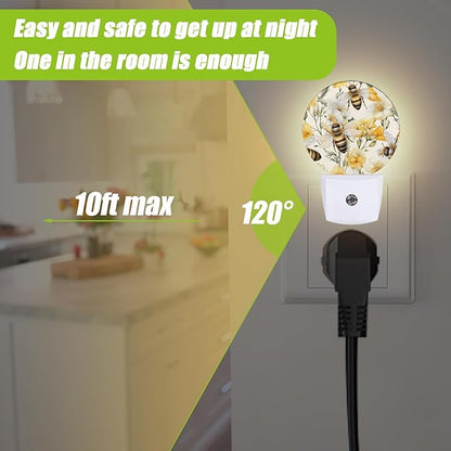 Cute Bee Night Light,Watercolor Floral Night Lights Plug into Wall for Kitchens Toilets Bedroom Decorative Half Round Nightlight Led Lamp 0.5W Sleep Friendly