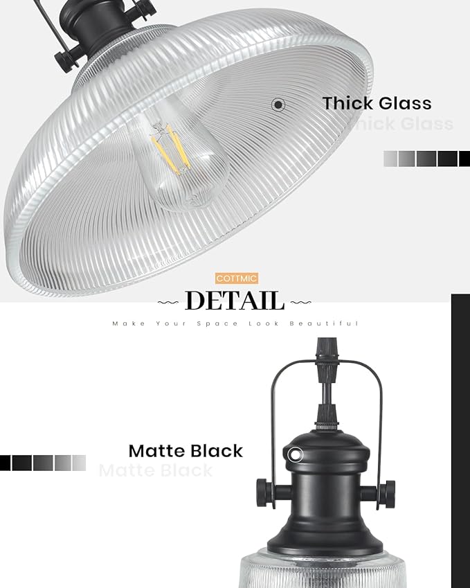 Black Glass Pendant Lights Kitchen Island, 12in, Modern Kitchen Pendant Lights Fixture, Farmhouse Pendant Lighting for Dining Room Bedroom Bar Sink, 2 Pack