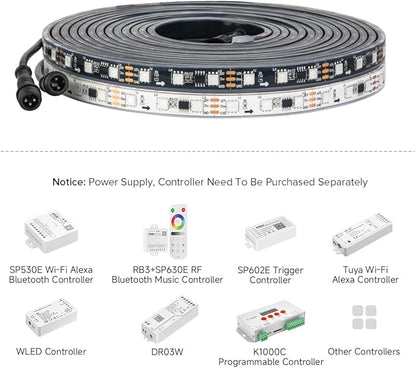 BTF-LIGHTING IP68 Waterproof Outdoor WS2811 RGB IC LED Strip Addressable Dream Color Flexible 5050SMD Light DC12V 16.4ft 60LEDs/m 20Pixels/m Can Work Outdoor Black PCB(No Adapter or Controller)