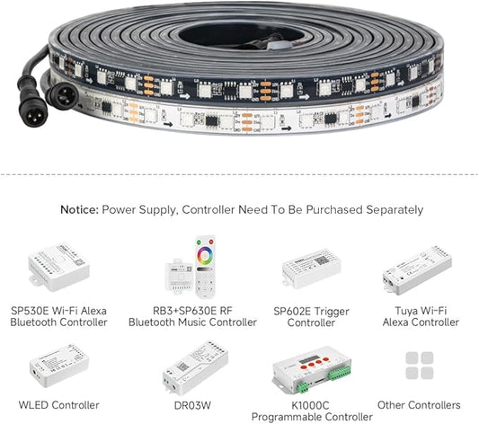 BTF-LIGHTING IP68 Waterproof Outdoor WS2811 RGB IC LED Strip Addressable Dream Color Flexible 5050SMD Light DC12V 16.4ft 60LEDs/m 20Pixels/m Can Work Outdoor Black PCB(No Adapter or Controller)