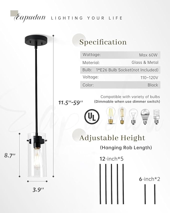 EAPUDUN Pendant Lights (2 Packs), Hanging Lights Fixtures, Clear Glass Shade Kitchen Lighting, Matte Black Farmhouse Kitchen Dining Table Ceiling Lights -PDA1353-B-MBK
