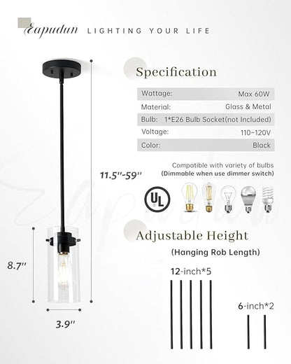 EAPUDUN Pendant Lights (2 Packs), Hanging Lights Fixtures, Clear Glass Shade Kitchen Lighting, Matte Black Farmhouse Kitchen Dining Table Ceiling Lights -PDA1353-B-MBK