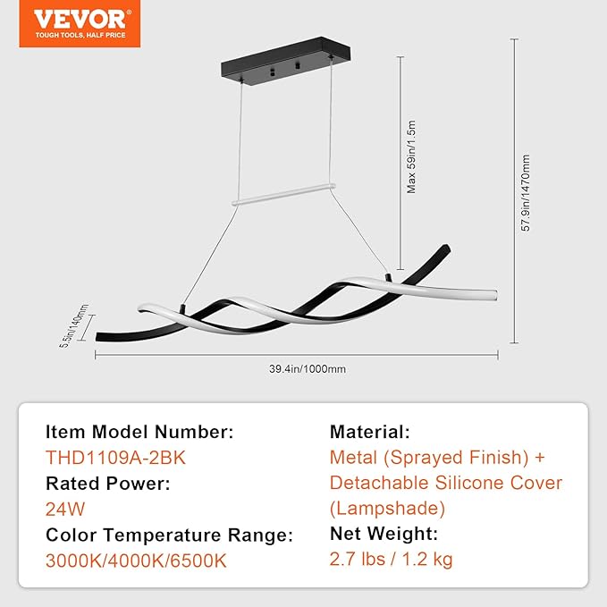 VEVOR Modern Chandelier Light Fixtures, 24W, Dimmable LED Pendant Light with Remote Control Silicone Lampshade, 3000K / 4000K / 6500K Color Temperature Adjustable Ceiling Lamp for Kitchen Dining Room