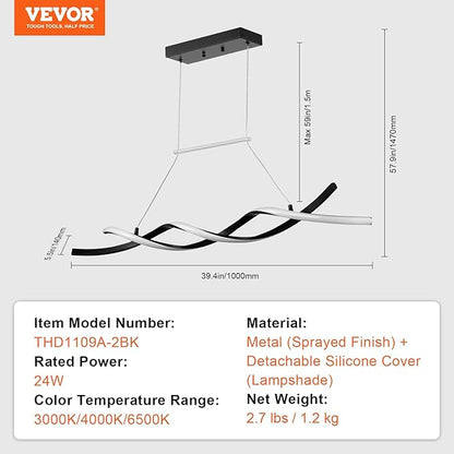 VEVOR Modern Chandelier Light Fixtures, 24W, Dimmable LED Pendant Light with Remote Control Silicone Lampshade, 3000K / 4000K / 6500K Color Temperature Adjustable Ceiling Lamp for Kitchen Dining Room