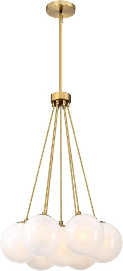 Modern Globe Chandelier Milky Glass Shade Gold Sputnik Ceiling Light Fixture, Mid Century Bubble Dining Room Pendant Light, Hanging Island Light for Kitchen Bedroom Entryway Over Table