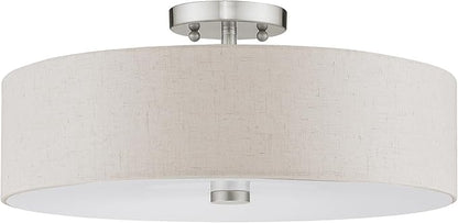 Livex Lighting 52136-91 Meridian Collection 4-Light Semi Flush Mount Ceiling Fixture with Oatmeal Color Fabric Hardback Drum Shade and Satin White Diffuser, Brushed Nickel