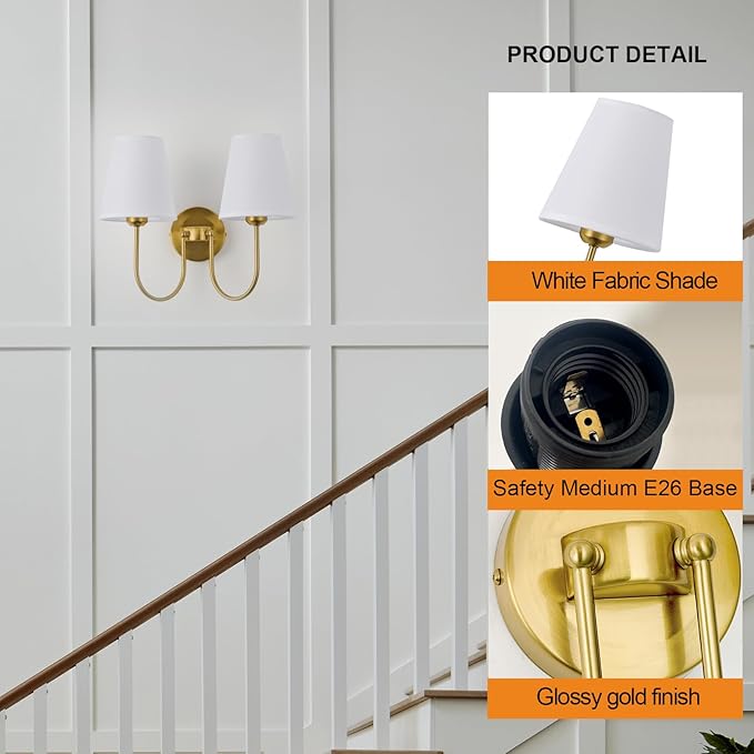 Hardwired White Fabric 2 Light Wall Sconce Double Headed Cloth Shade Fixture for Bedroom, Bathroom & Hallway (Direct Wire)