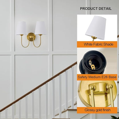 Hardwired White Fabric 2 Light Wall Sconce Double Headed Cloth Shade Fixture for Bedroom, Bathroom & Hallway (Direct Wire)