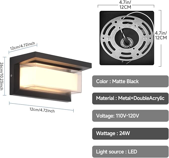 2-Pack 24W Modern LED Wall Sconces, ETL Certified, 3000K/4000/6500K Color Adjustable, 10-100% Dimmable Outdoor Wall Lights, 2160LM IP65 Waterproof Exterior Lighting Fixtures for Porch, Patio