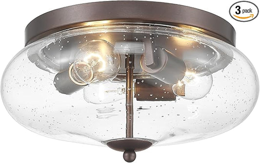 Darkaway Large Ceiling Light Fixtures 3-Ight Flush Mount Indoor Outdoor Ceiling Light with Seeded Glass Shade for Hallway Kitchen Bedroom Porch Living Room Dining Room Bronze Finish