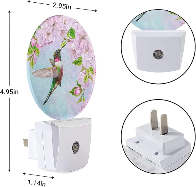 EKOBLA Hummingbird Plug-in Night Light, Spring Bird & Cherry Blossom LED Nightlight with Auto On/Off Sensor for Kids, Seniors & Bedroom Decor