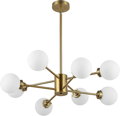 WINGBO 8-Light Sputnik Chandelier, Modern Pendant Light Fixture with 4.7" Opal White Glass Globe Shade for Flat and Slop Ceiling, Height Adjustable for Kitchen Living Room Dining Room Bedroom, Gold