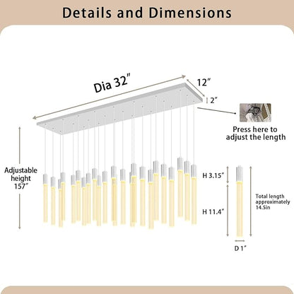 24-Light Rectangular Crystal Chandelier, Large Silver Bubble Crystal Column Pendant Light, Adjustable Height Hanging Chandeliers for Kitchen Island, Living Room, Foyer