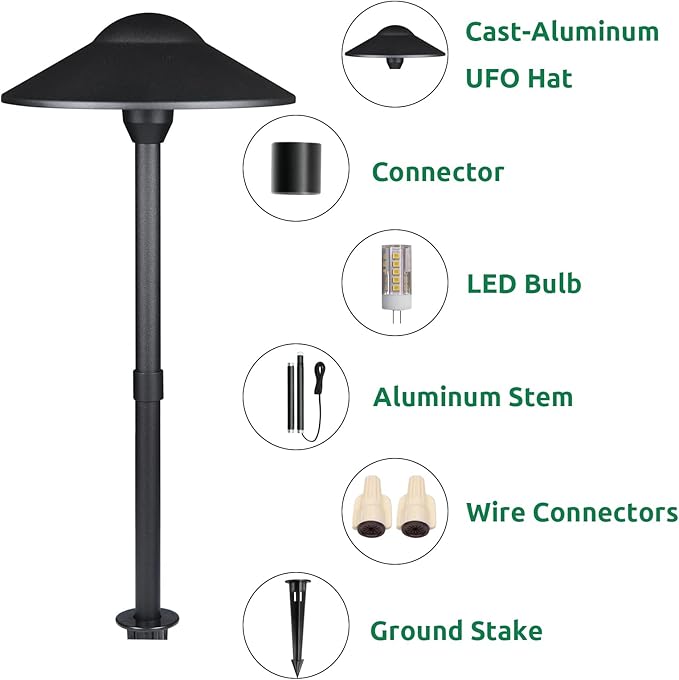 Lumina Lighting® Low Voltage Landscape Lighting Cast-Aluminum Path and Area Light Warm White 3W G4 LED Bulb and ABS Ground Stake Included for Yard Walkway Lawn PAL0108-BkLED10 (Black,10-Pack)