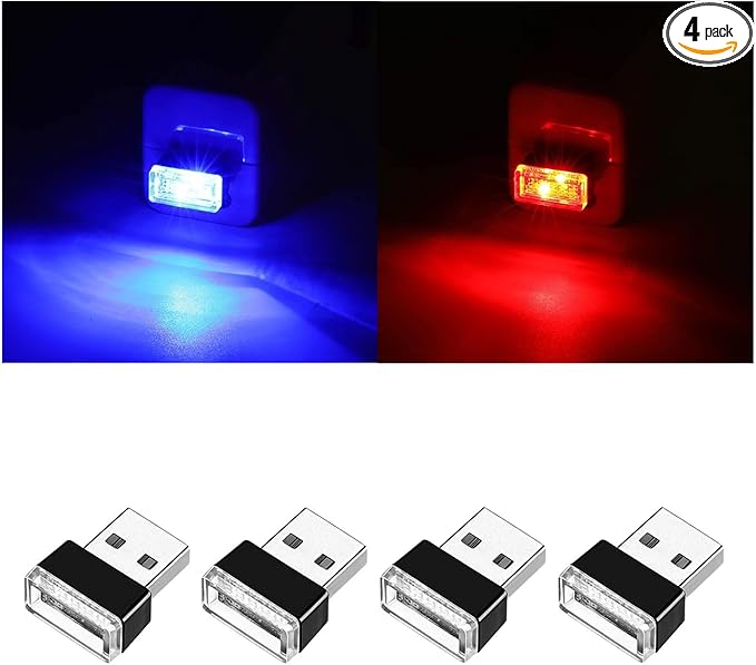Ziciner 4 PCS USB LED Car Interior Atmosphere Lamp, Portable Mini LED Night Light, Plug-in USB Interface Trunk Ambient Lighting Kit, Universal Interior Accessorie (Red, Blue)
