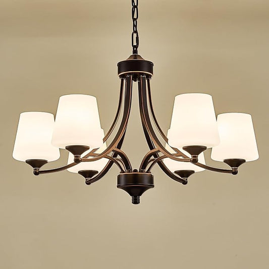 6-Light Farmhouse Chandeliers Black and Gold Dinner Room Light with Frosted Glass 47.2" Adjustable Pendant Ceilling Lighting Rustic Vintage Hanging Lamp for Kitchen Island Dining Table Living Room