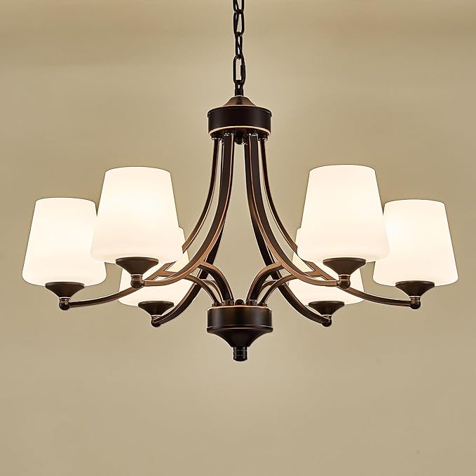 6-Light Farmhouse Chandeliers Black and Gold Dinner Room Light with Frosted Glass 47.2" Adjustable Pendant Ceilling Lighting Rustic Vintage Hanging Lamp for Kitchen Island Dining Table Living Room