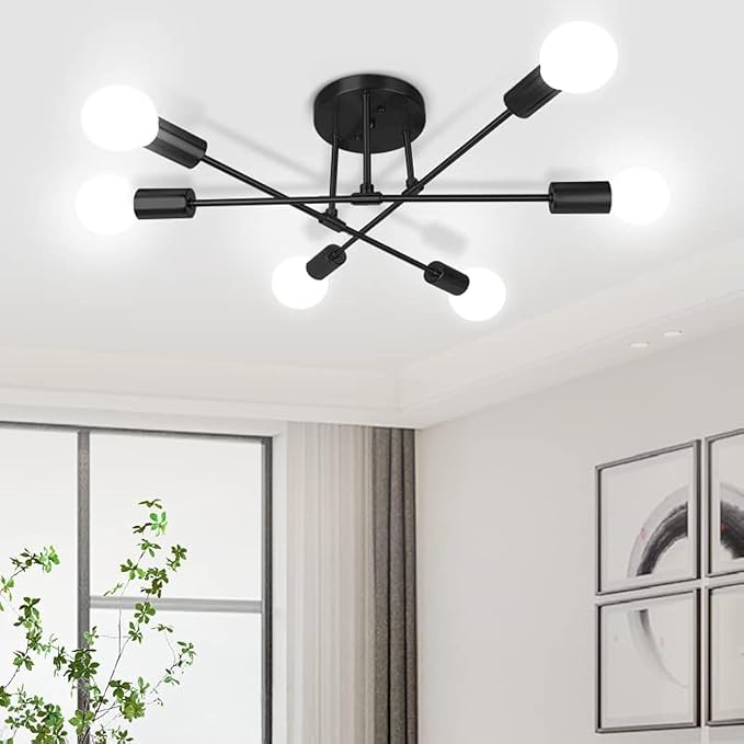 CANMEIJIA Modern Sputnik Chandelier Ceiling Light Fixture with 6 Lights Black Mid Century Ceiling Mount Lights Fixture for Bedroom, Dining Room, Living Room, Kitchen, E26 Base, Bulbs Not Included