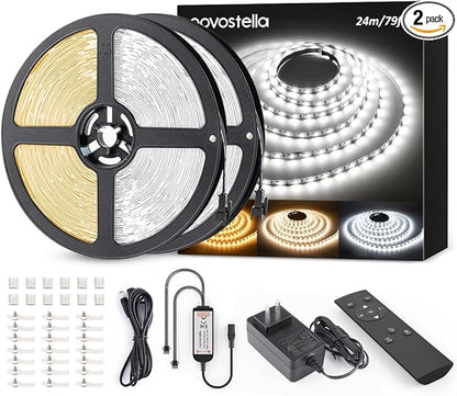 NOVOSTELLA 79ft(2rolls) Tunable White LED Strip Light Kit 2688LEDs Dimmable 3000K-6500K 24V Flexible Tape Remote Ribbon for Stage Bedroom Party Kitchen Stair Living Room Ceiling Daylight Warm White