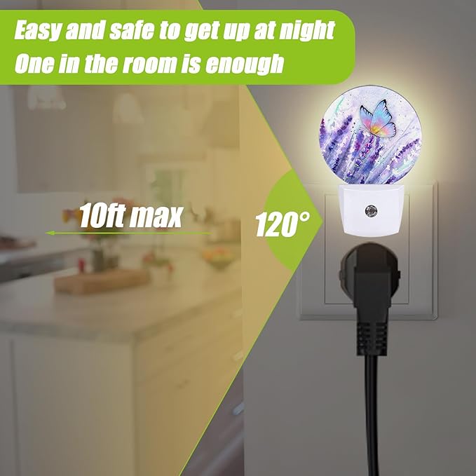 Lavender Flowers Night Light,Watercolor Butterfly Night Lights Plug into Wall for Kitchens Toilets Bedroom Decorative Half Round Nightlight Led Lamp 0.5W Sleep Friendly