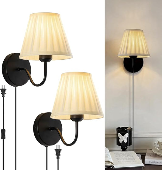 Plug in Wall Sconces with White Fabric Shades, Black Wall Sconces Set of Two, Modern Wall Lighting Fixture with On/Off Switch, Indoor Corded Wall Lamp for Bedroom, Living Room, Hallway, Bedside