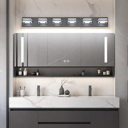 SOLFART Modern LED Dimmable Bathroom Light Fixtures Over Mirror Led Vanity Lights Modern Black LED 6 Light Vanity Light