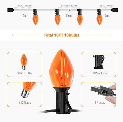 10FT Halloween Orange LED String Lights, 10 Clear Orange Bulbs with Black Wire, Outdoor Waterproof Vintage Christmas Lights for Halloween Christmas Party Roofline Xmas Tree Patio Cafe Decor
