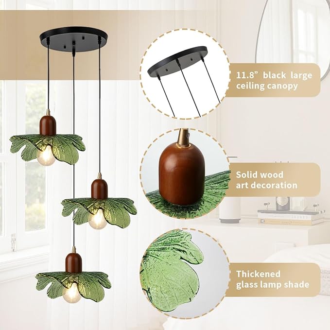 Mid Century Chandeliers 3-Light Green Glass Hanging Pendant Lamp Art Decoration Light Fixtures Walnut Wood Black Vintage Chandelier for Dining Room, Living Room, Bedroom