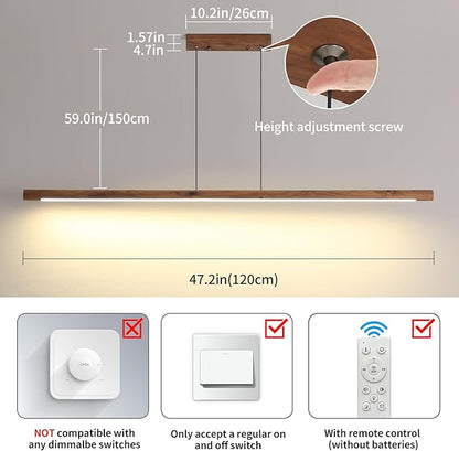 Modern Wooden Pendant Light, 47IN Walnut Wooden Chandelier with Remote Control 3000k-6500K Adjustable Color Temperature，Aluminum Island Lighting Lamp for Dining Room, Living Room, Kitchen